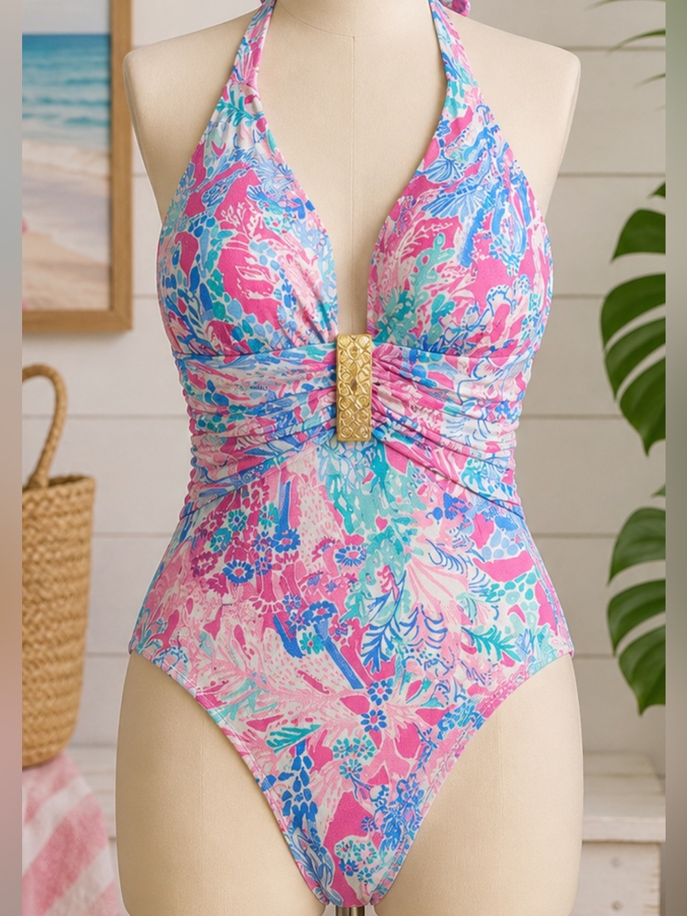 Lilly Pulitzer Pink and Blue Floral Halter One-Piece Swimsuit